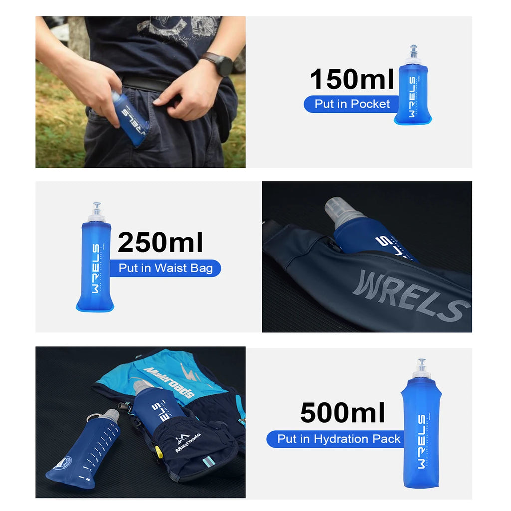 WRELS Sports Water Bottle Leak Proof Durable Soft Flask High Flow BPA Free Portable TPU Folding Water Cup Outdoor Running