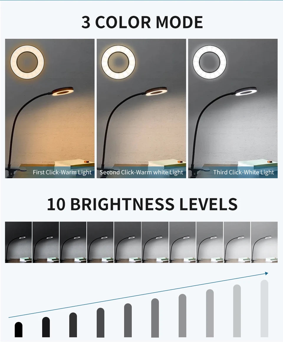 Clip-On LED Desk Lamp – Gooseneck, Memory Function, 3 Modes, Eye Protection