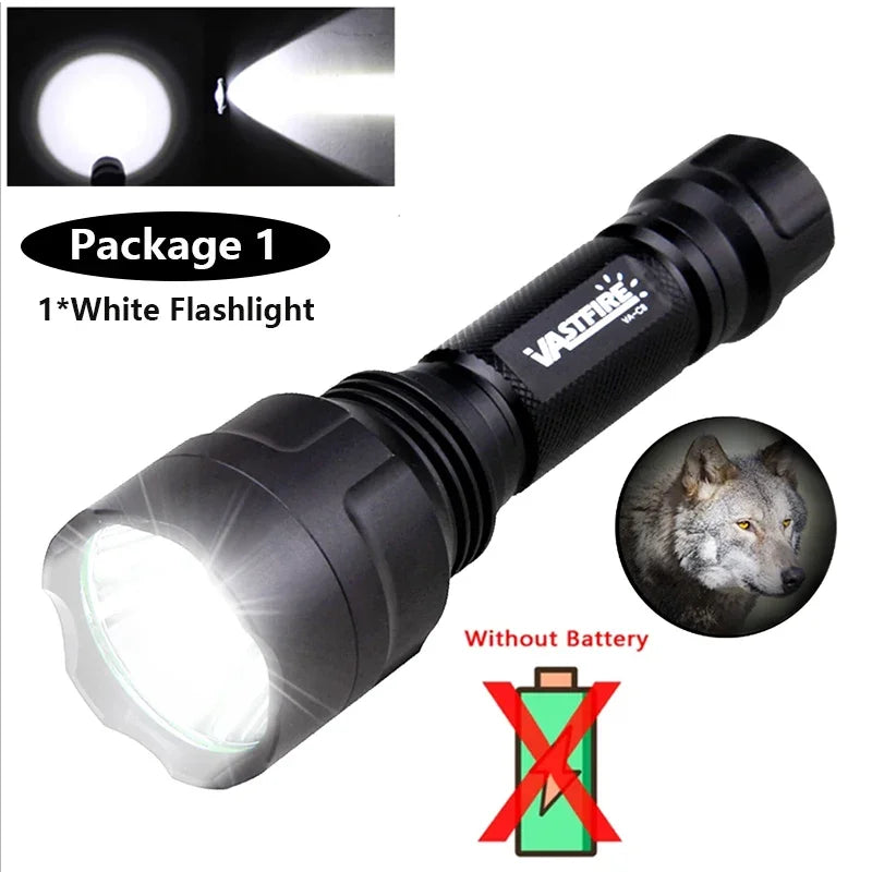 Tactical Hunting Flashlight Set – Green, Red & White LED, USB Rechargeable