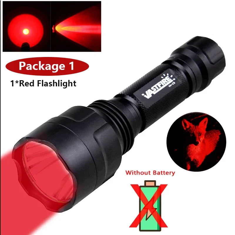 Tactical Hunting Flashlight Set – Green, Red & White LED, USB Rechargeable