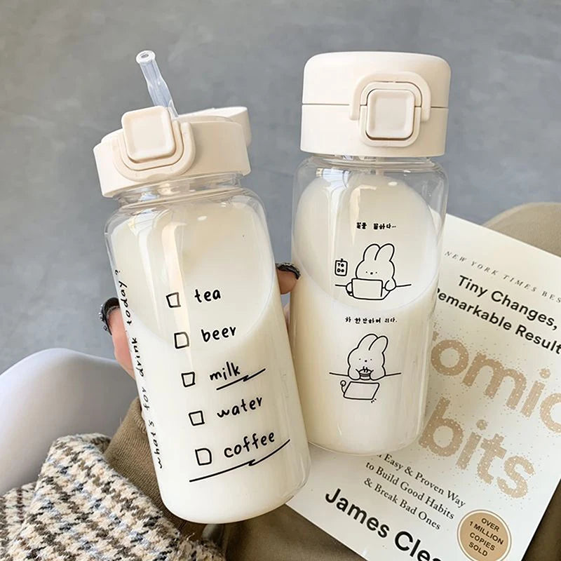 Cartoon Water Bottle With Straw Cute Plastic Drinking Bottle Portable Leak-proof Drinkware For Drinking Milk Coffee Tea