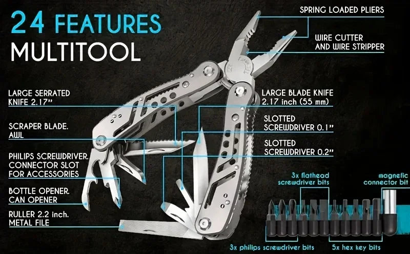 24-in-1 Multitool – Pliers, Knife & 11 Bits for Camping, Backpacking & Survival