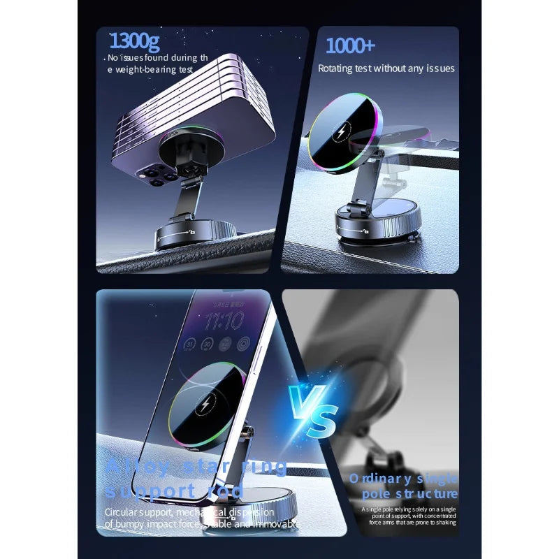 15W RGB Wireless Car Charger – Suction Cup Windshield & Dashboard Mount