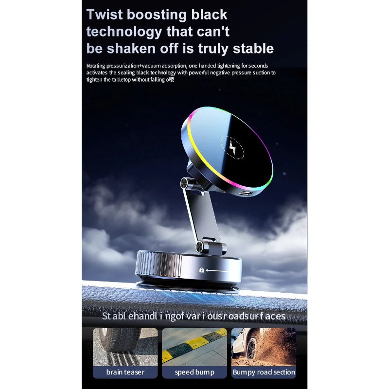 15W RGB Wireless Car Charger – Suction Cup Windshield & Dashboard Mount