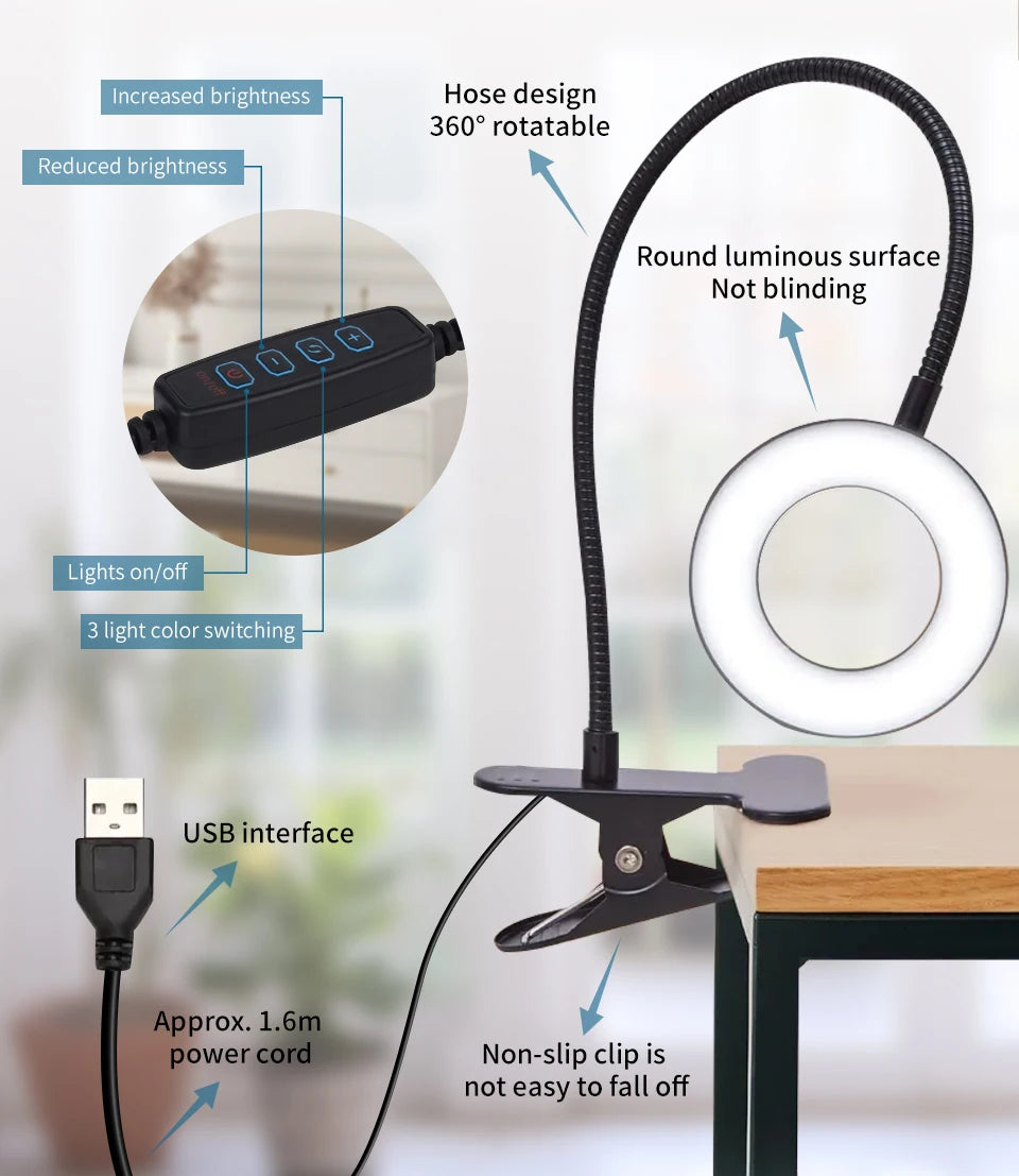 Clip-On LED Desk Lamp – Gooseneck, Memory Function, 3 Modes, Eye Protection