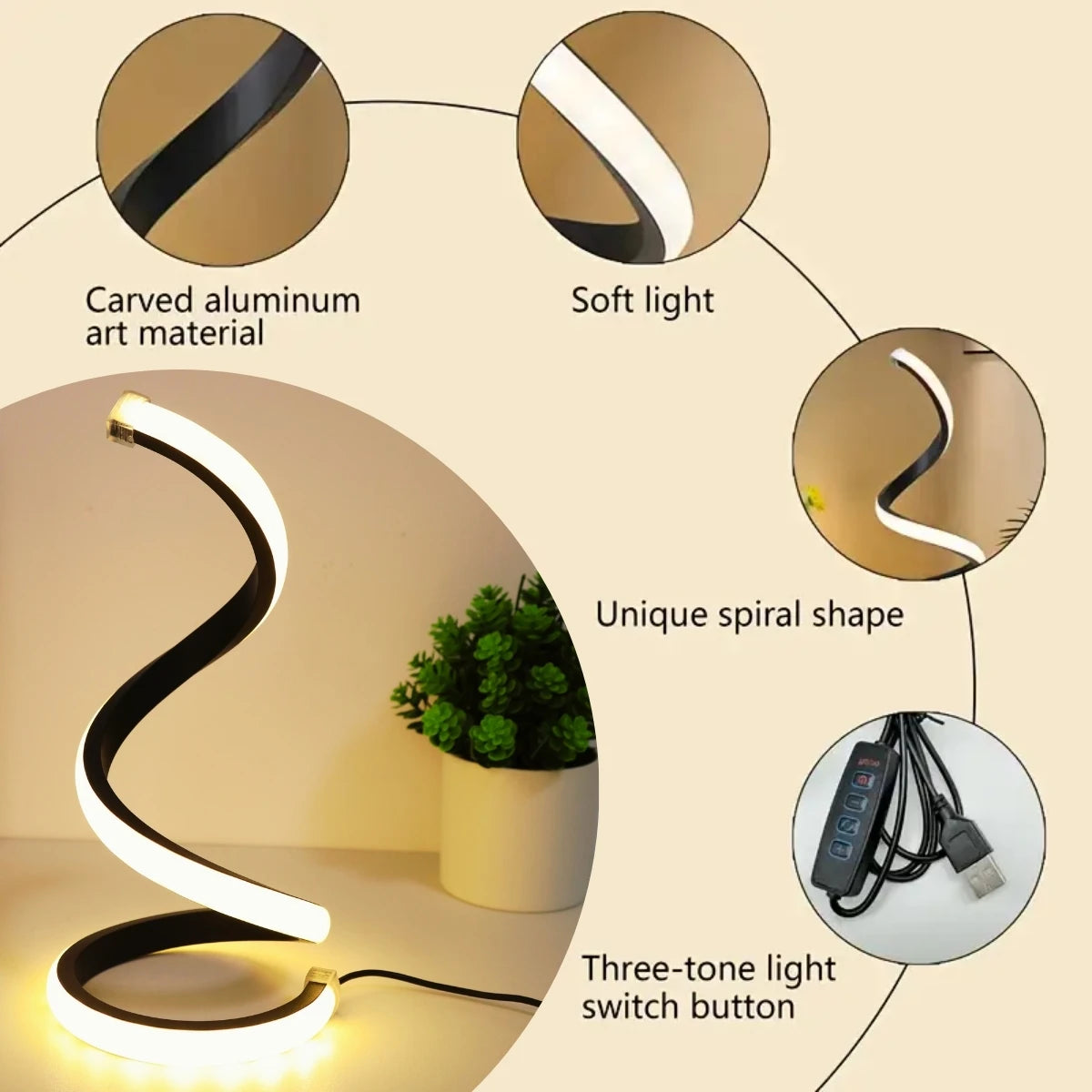 LED Spiral Desk Lamp – 3 Color Dimming, USB Powered