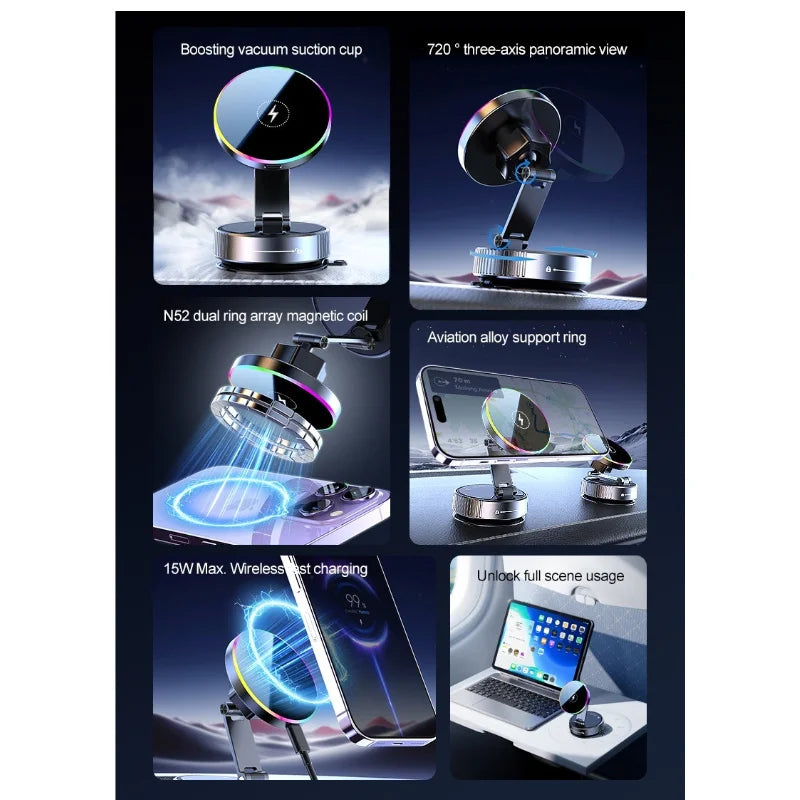 15W RGB Wireless Car Charger – Suction Cup Windshield & Dashboard Mount