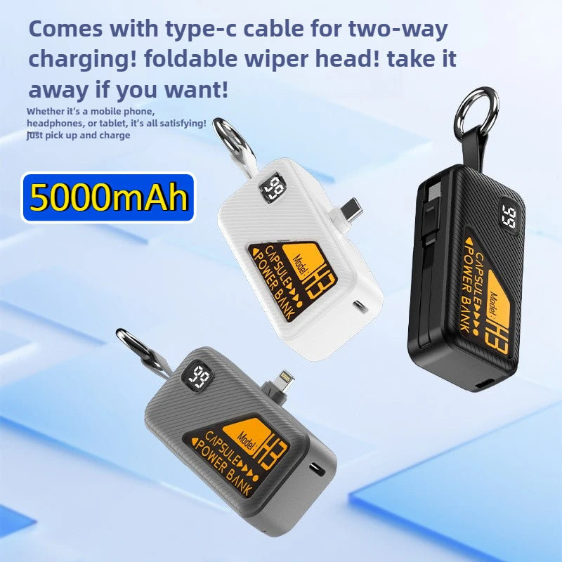 Mini Portable Power Bank 5000mAh – PD20W Fast Charge with Built-in Cable