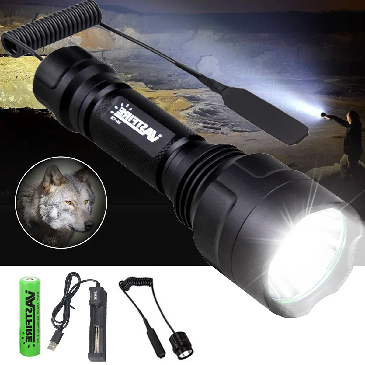 Tactical Hunting Flashlight Set – Green, Red & White LED, USB Rechargeable