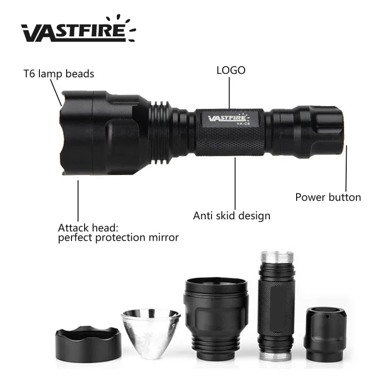 Tactical Hunting Flashlight Set – Green, Red & White LED, USB Rechargeable