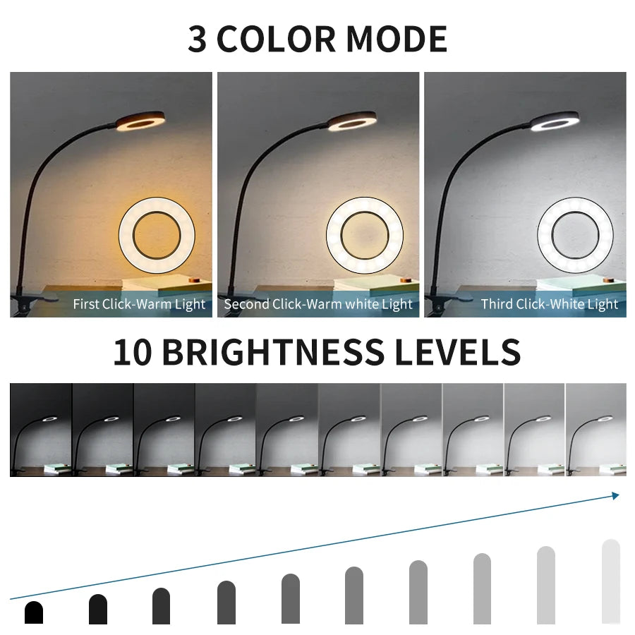 Clip-On LED Desk Lamp – Gooseneck, Memory Function, 3 Modes, Eye Protection