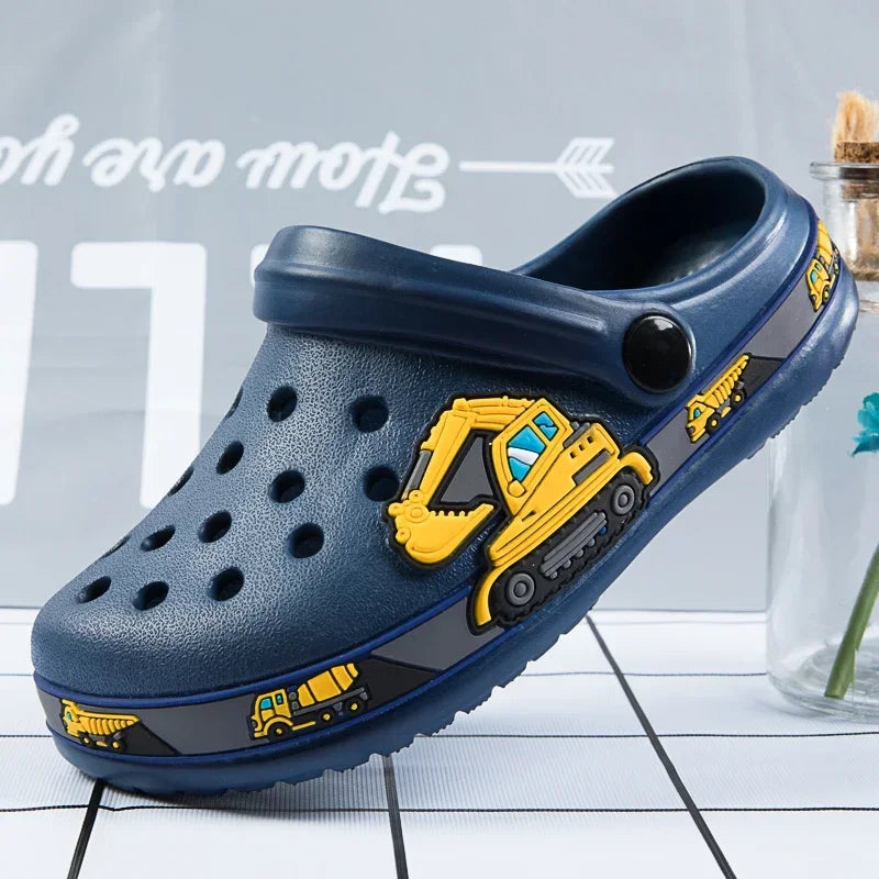 Children Shoes Baby Boys Slippers Cartoon Excavator Print Clogs Summer Breathable Soft Indoor Sports Boy Slippers