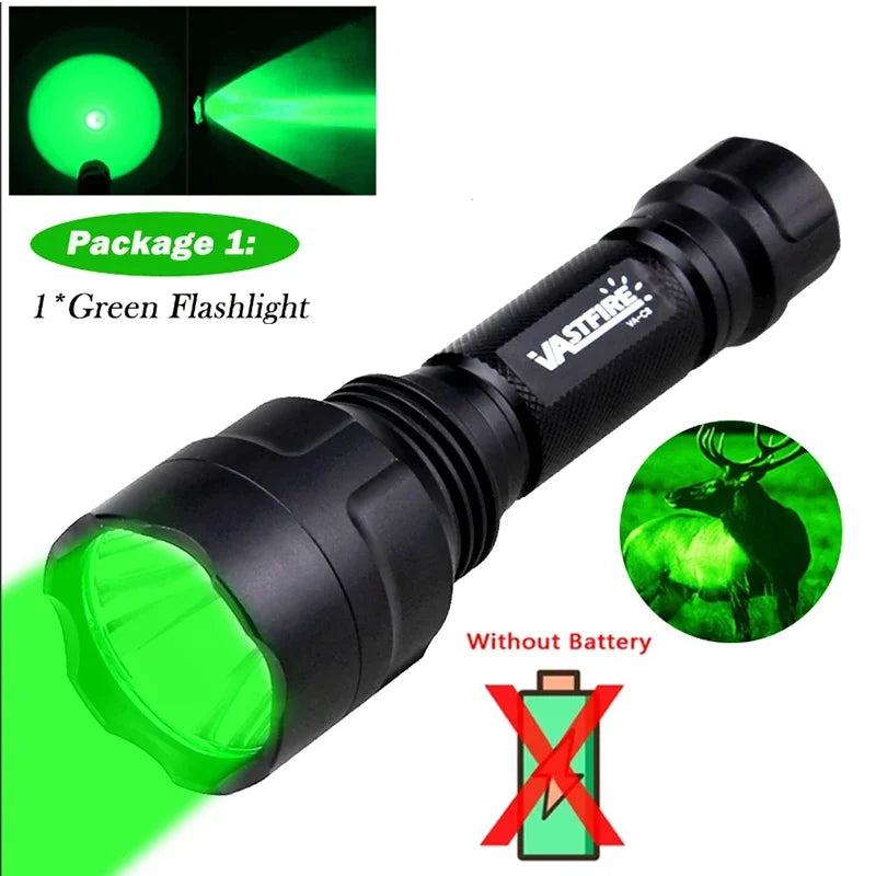 Tactical Hunting Flashlight Set – Green, Red & White LED, USB Rechargeable