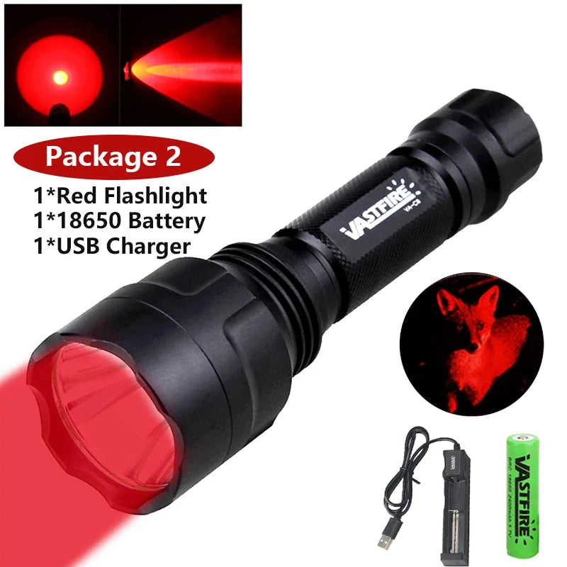 Tactical Hunting Flashlight Set – Green, Red & White LED, USB Rechargeable