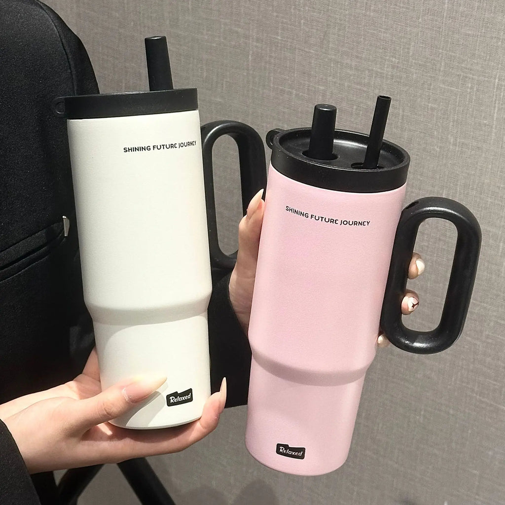 720ML Stainless Steel Thermos Cup with Straw & Handle Ice Coffee Drink Vacuum Insulated Cup Car Travel Outdoor Water Bottle