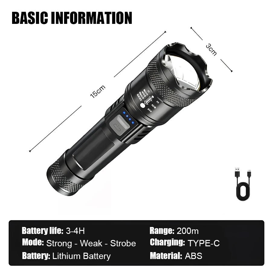 Tactical Zoom Flashlight | 2000LM USB Rechargeable Portable Emergency Light