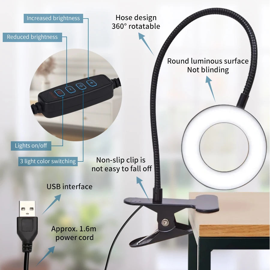 Clip-On LED Desk Lamp – Gooseneck, Memory Function, 3 Modes, Eye Protection