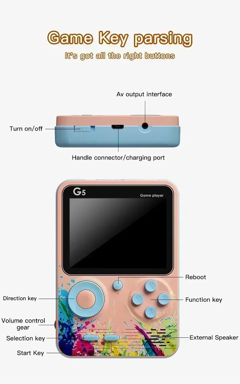 Retro G5 Handheld Game Console – 500 Classic Games, 3" Screen, Macaron Colors