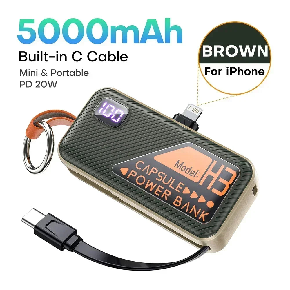 Mini Portable Power Bank 5000mAh – PD20W Fast Charge with Built-in Cable