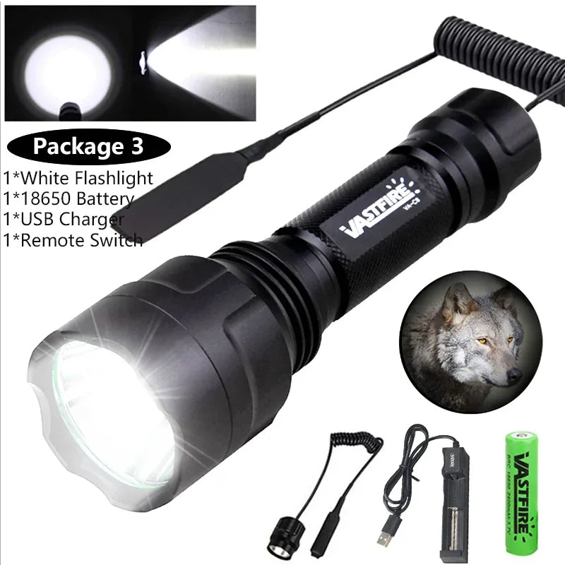 Tactical Hunting Flashlight Set – Green, Red & White LED, USB Rechargeable