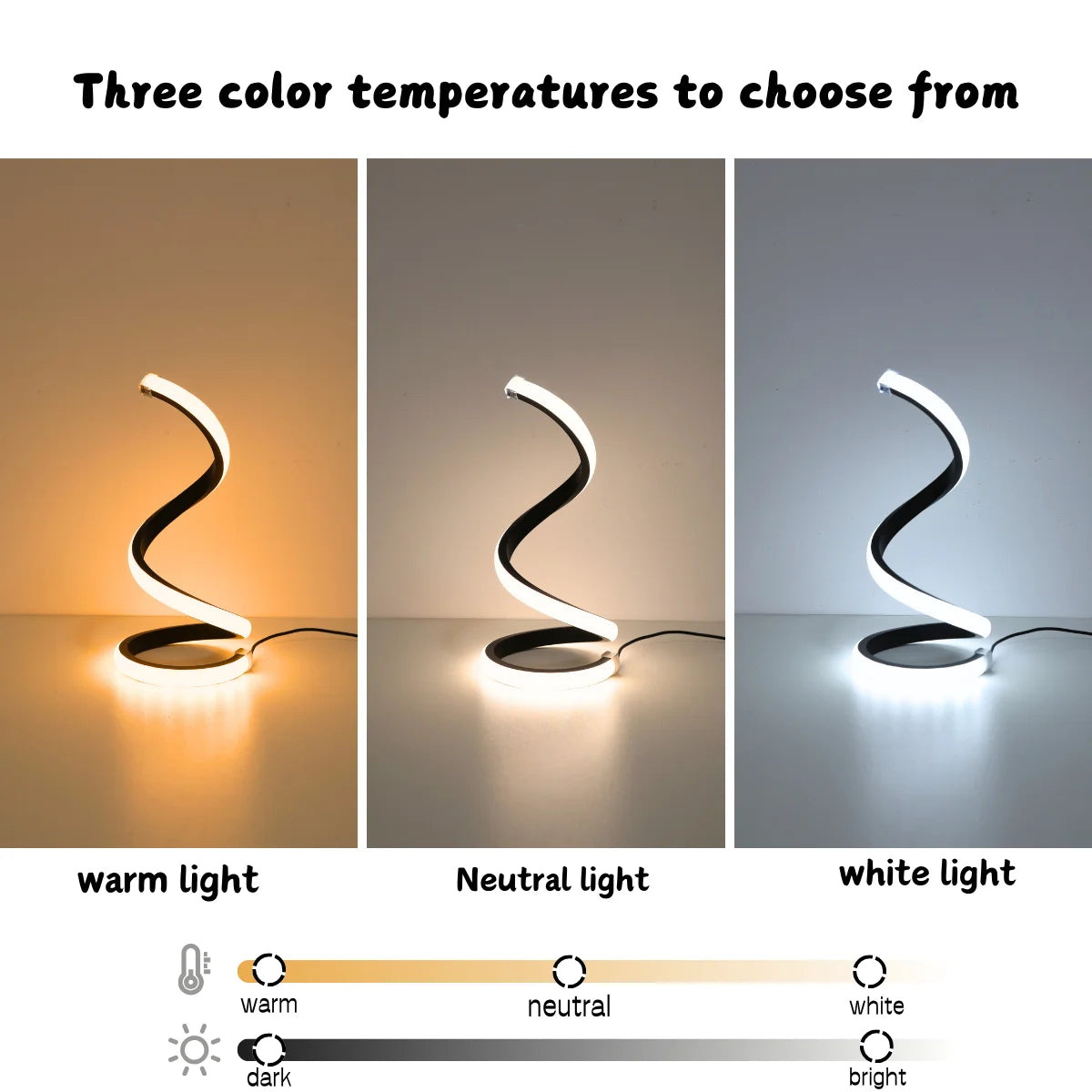 Modern LED Spiral Desk Lamp – 3 Color Dimming, USB, Bedroom & Study Decor