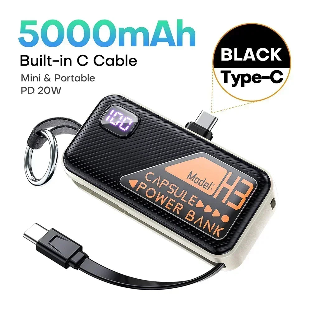 Mini Portable Power Bank 5000mAh – PD20W Fast Charge with Built-in Cable