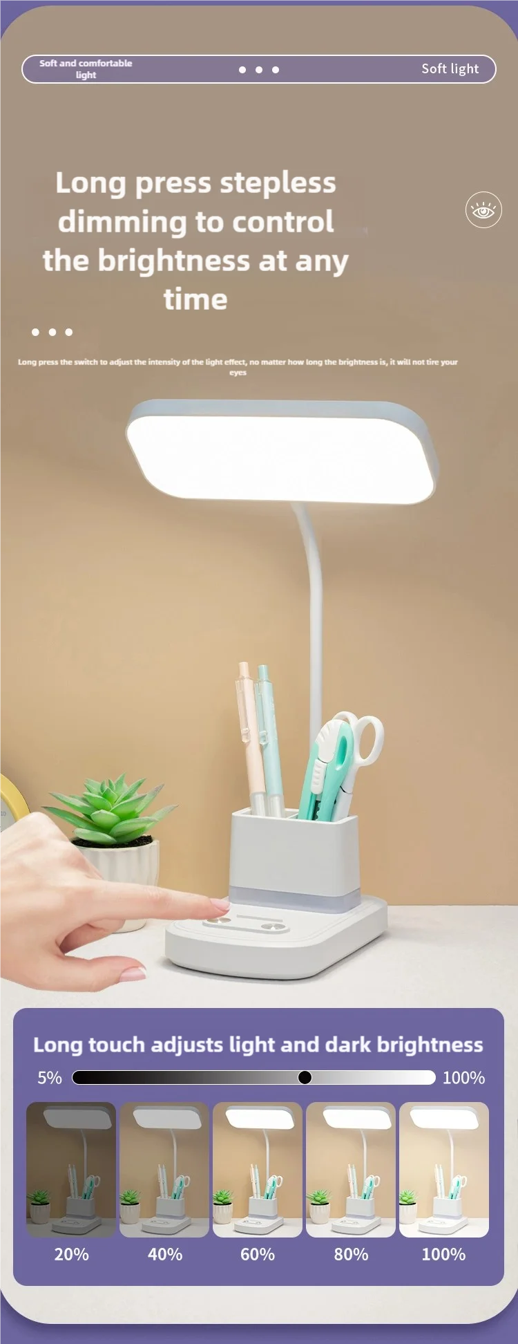 LED Desk Lamp with Night Light – USB Charging, 3 Color Temps, Dimmable