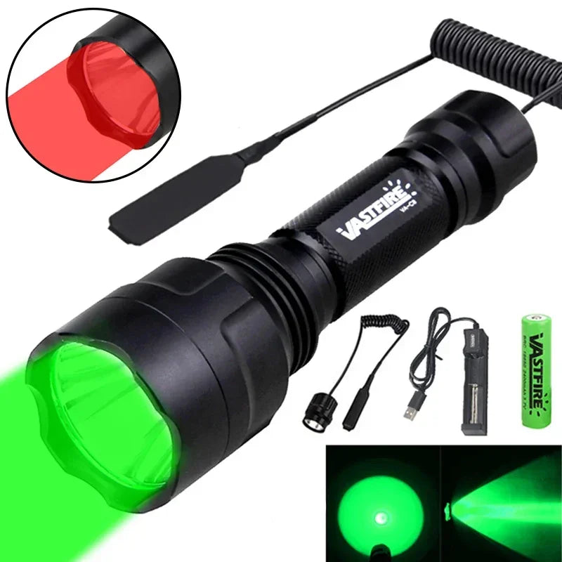 Tactical Hunting Flashlight Set – Green, Red & White LED, USB Rechargeable