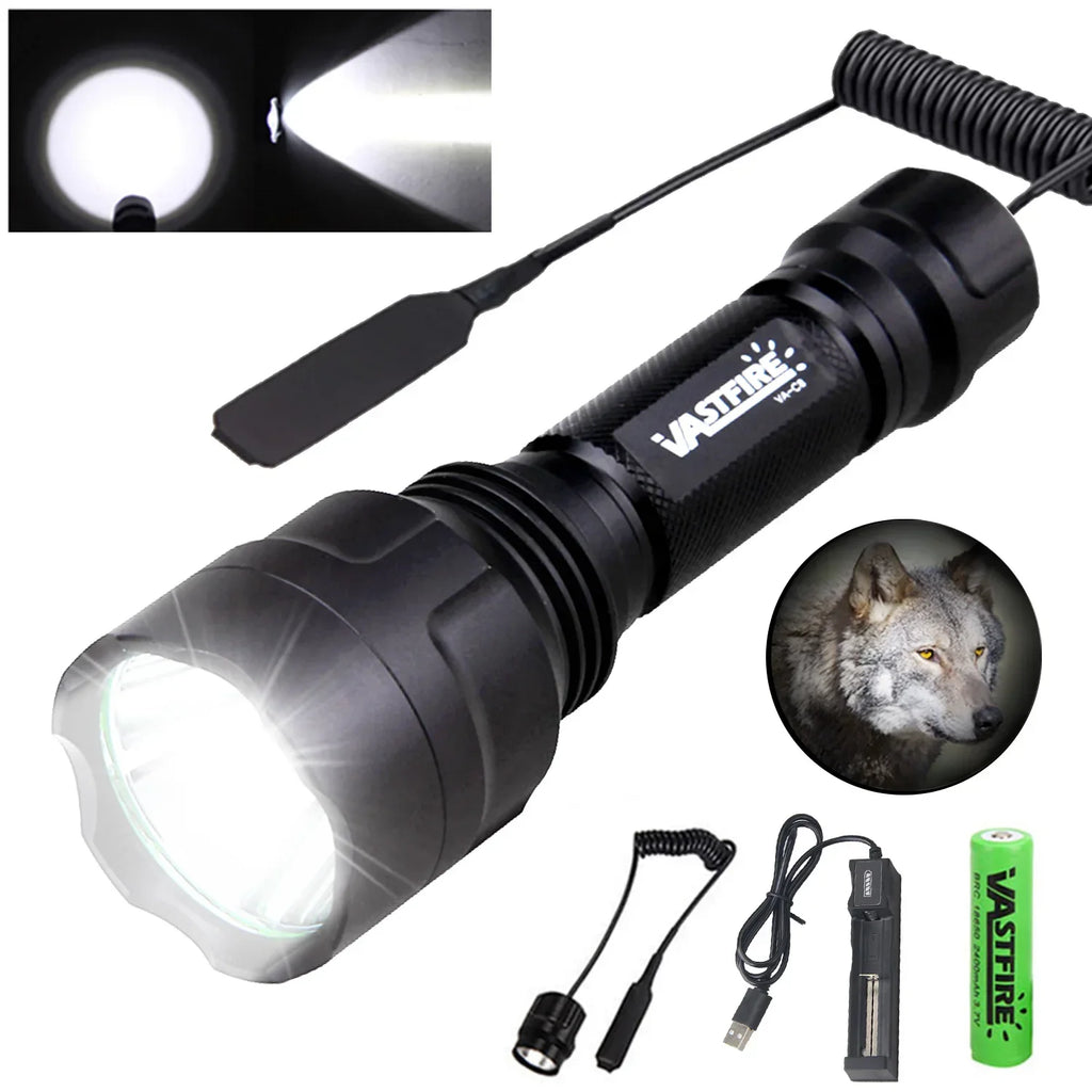 Tactical Hunting Flashlight Set – Green, Red & White LED, USB Rechargeable
