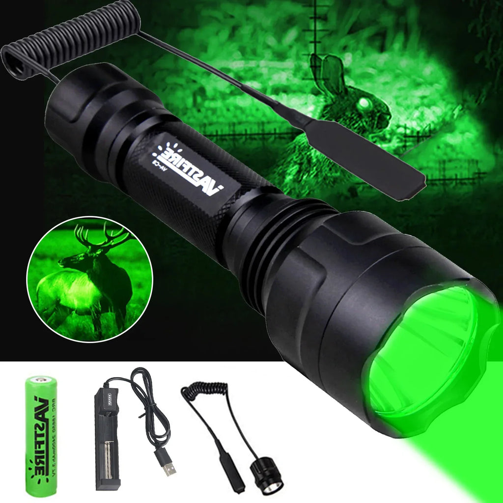 Tactical Hunting Flashlight Set – Green, Red & White LED, USB Rechargeable