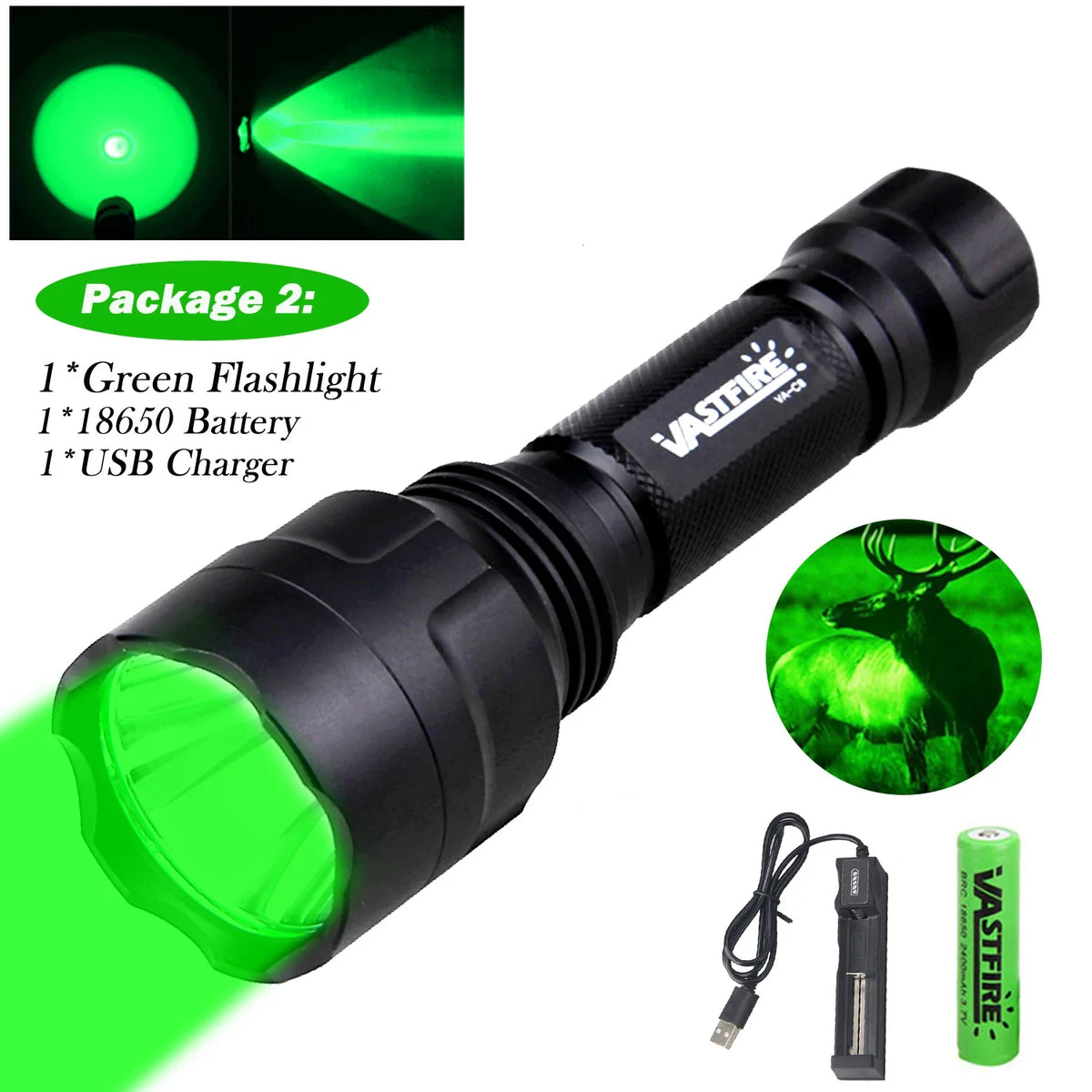 Tactical Hunting Flashlight Set – Green, Red & White LED, USB Rechargeable