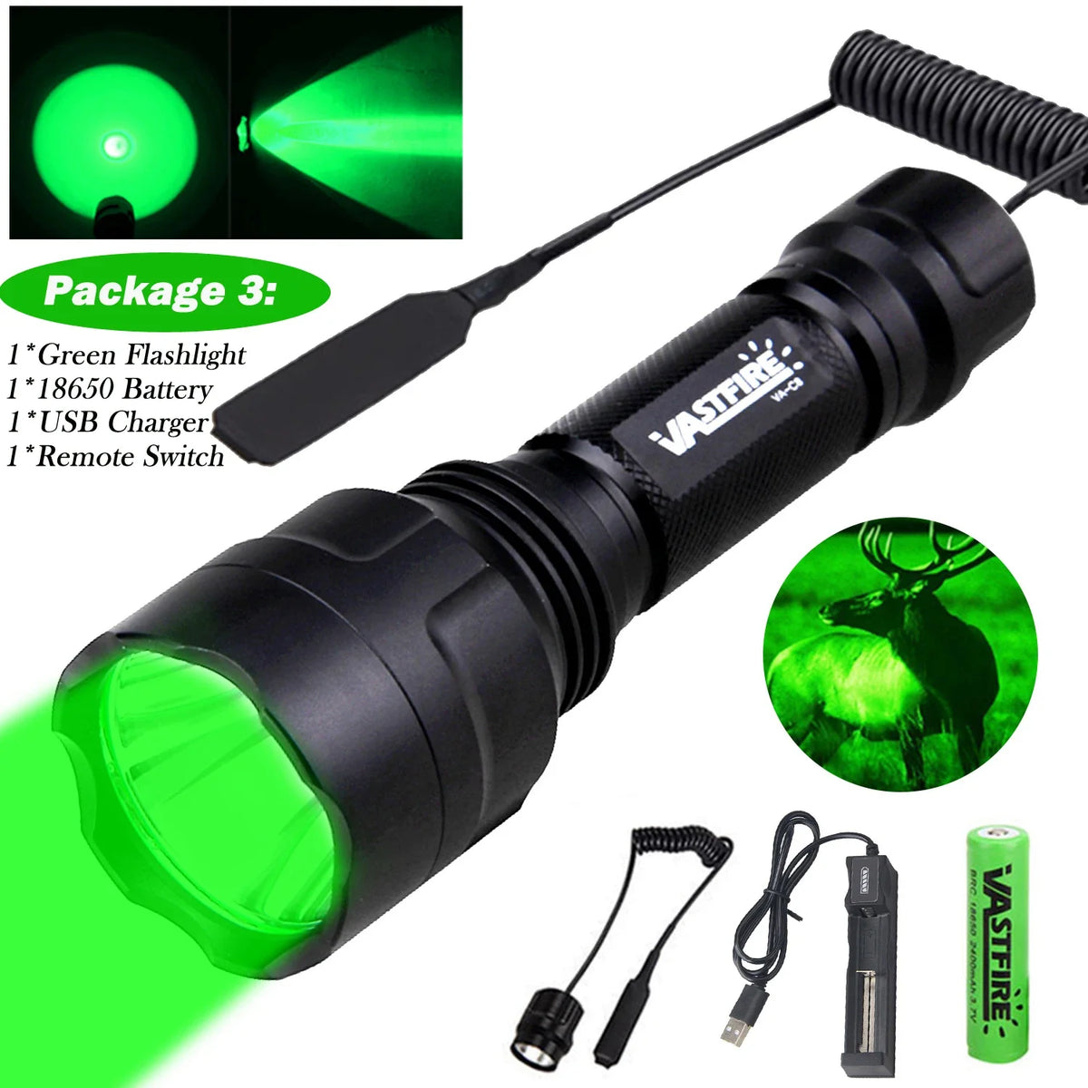 Tactical Hunting Flashlight Set – Green, Red & White LED, USB Rechargeable