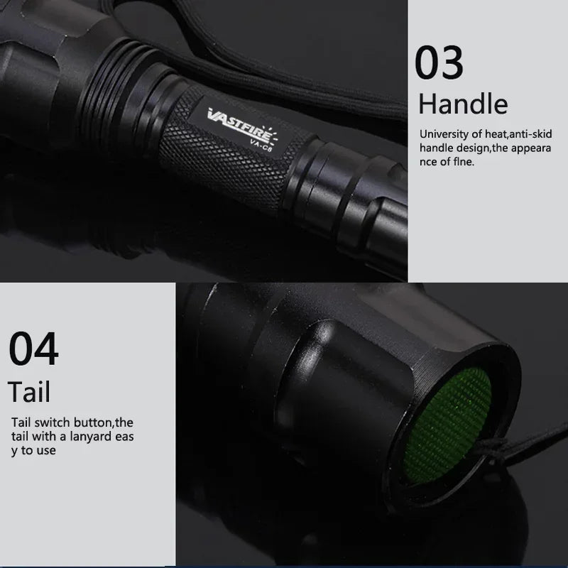 Tactical Hunting Flashlight Set – Green, Red & White LED, USB Rechargeable
