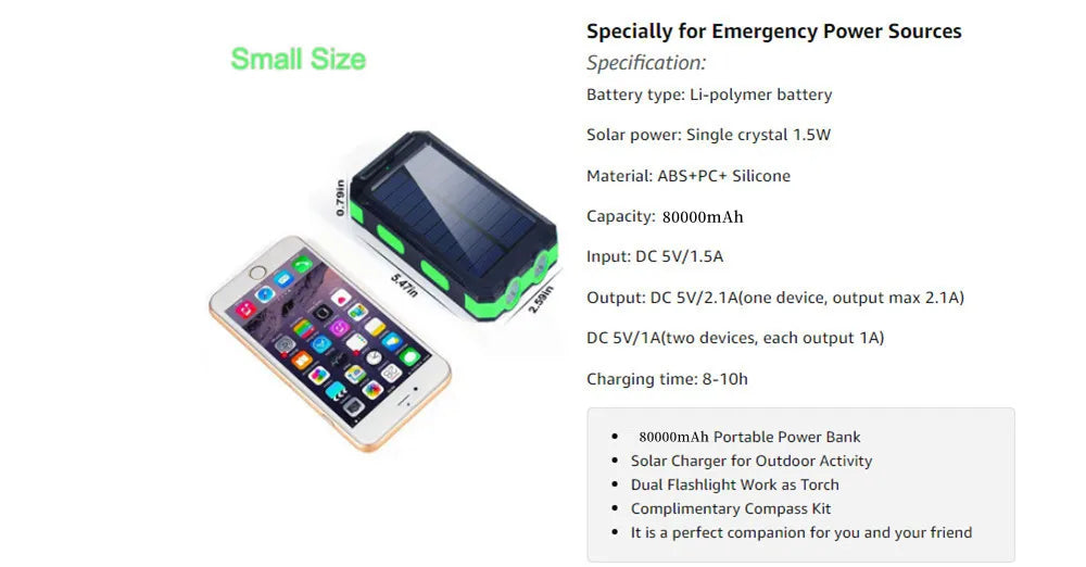 Solar Power Bank 80000mAh – Portable External Battery with LED Light