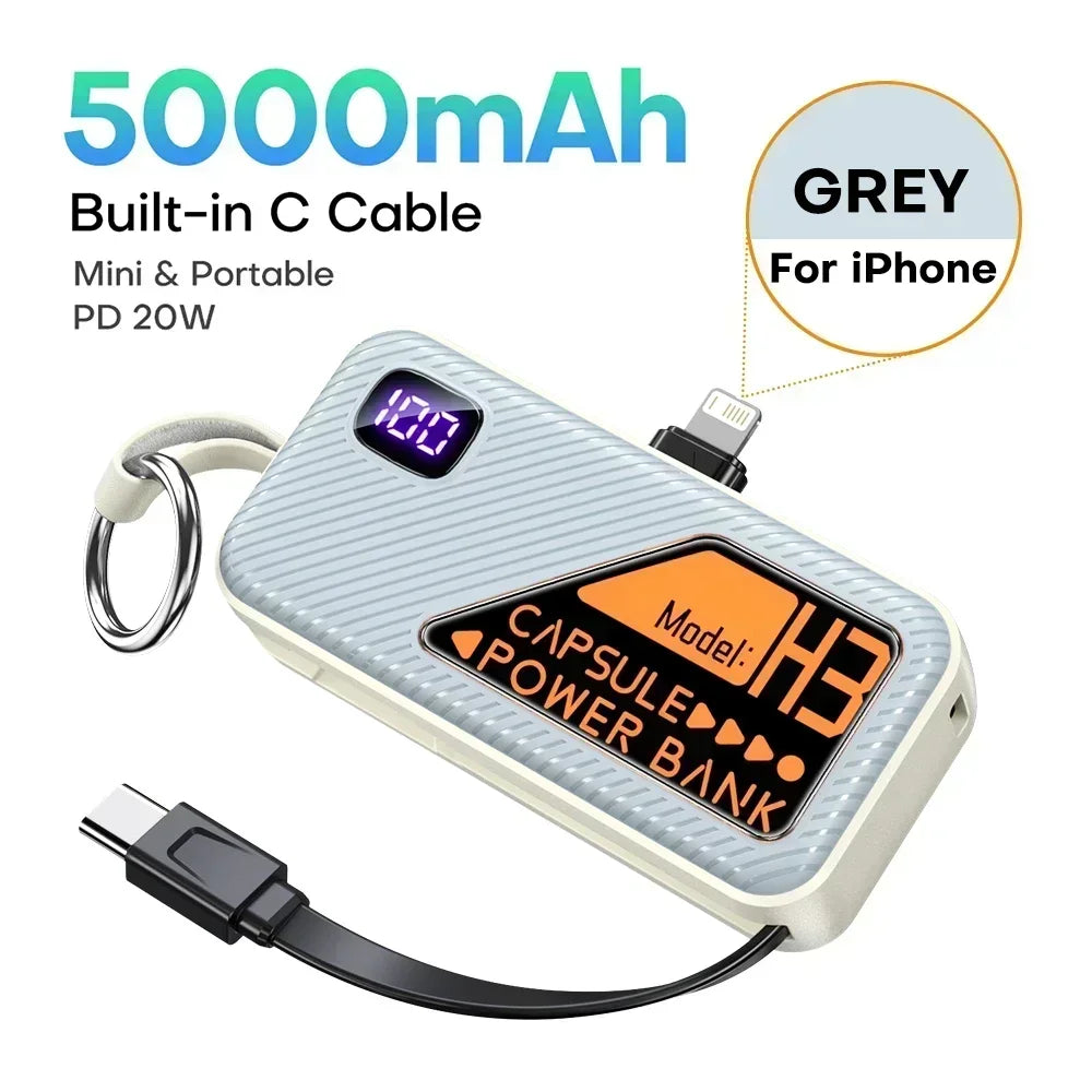 Mini Portable Power Bank 5000mAh – PD20W Fast Charge with Built-in Cable
