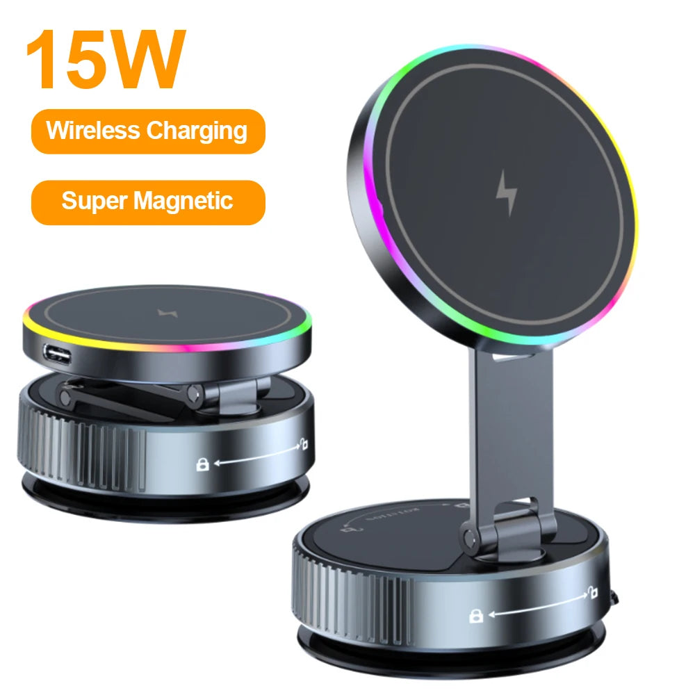 15W RGB Wireless Car Charger – Suction Cup Windshield & Dashboard Mount