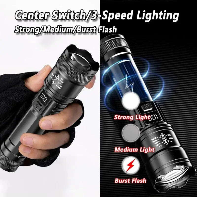 2000LM USB-C Rechargeable LED Flashlight – Zoomable Long Range Tactical Torch