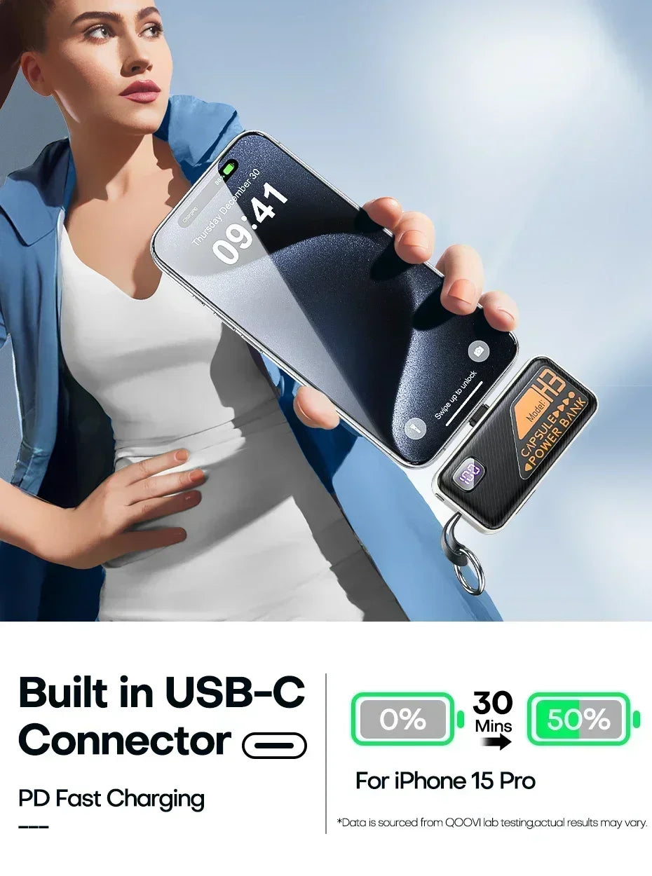 Mini Portable Power Bank 5000mAh – PD20W Fast Charge with Built-in Cable