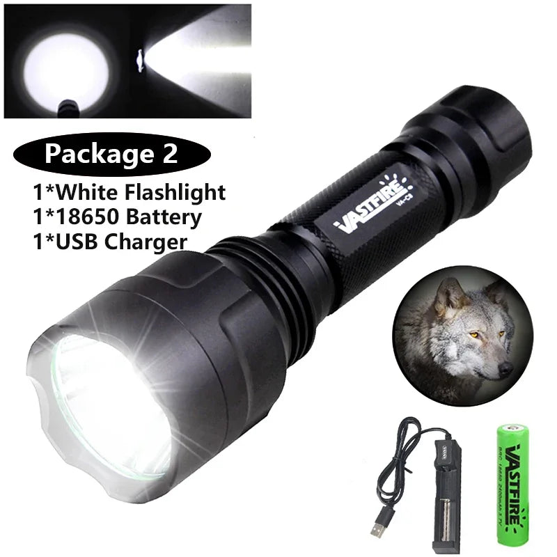 Tactical Hunting Flashlight Set – Green, Red & White LED, USB Rechargeable