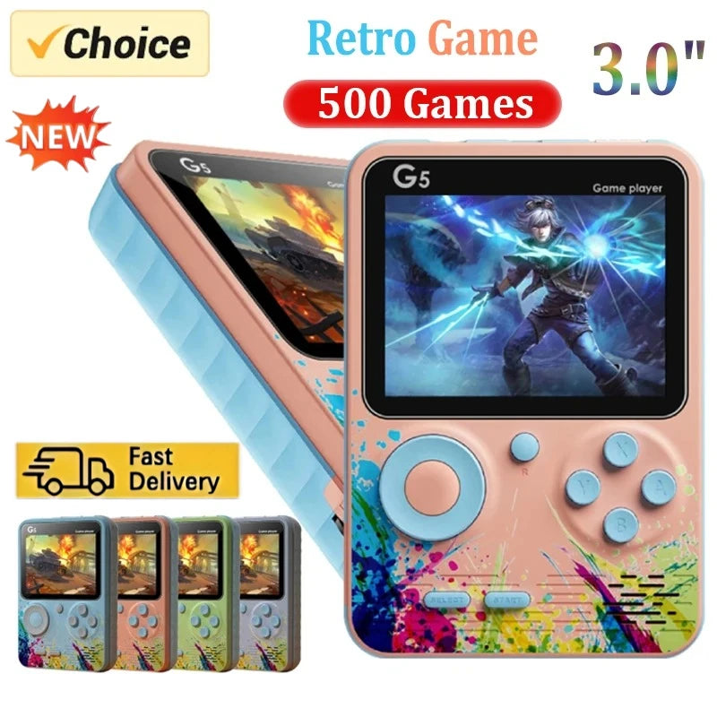 Retro G5 Handheld Game Console – 500 Classic Games, 3" Screen, Macaron Colors