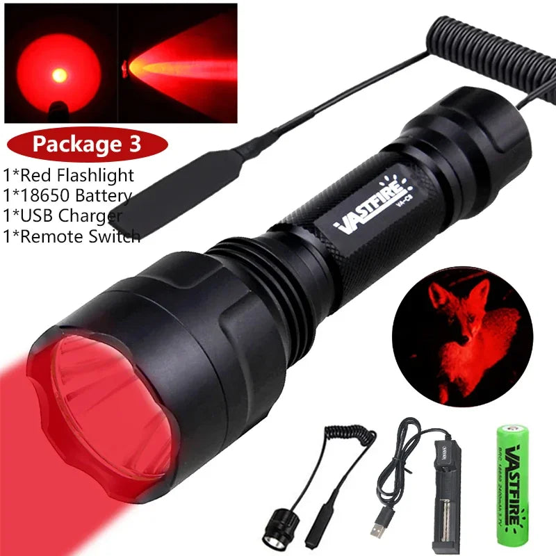 Tactical Hunting Flashlight Set – Green, Red & White LED, USB Rechargeable