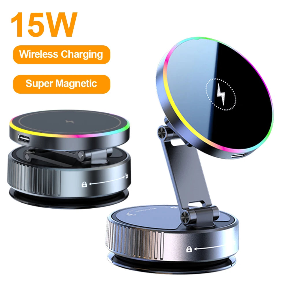 15W RGB Wireless Car Charger – Suction Cup Windshield & Dashboard Mount