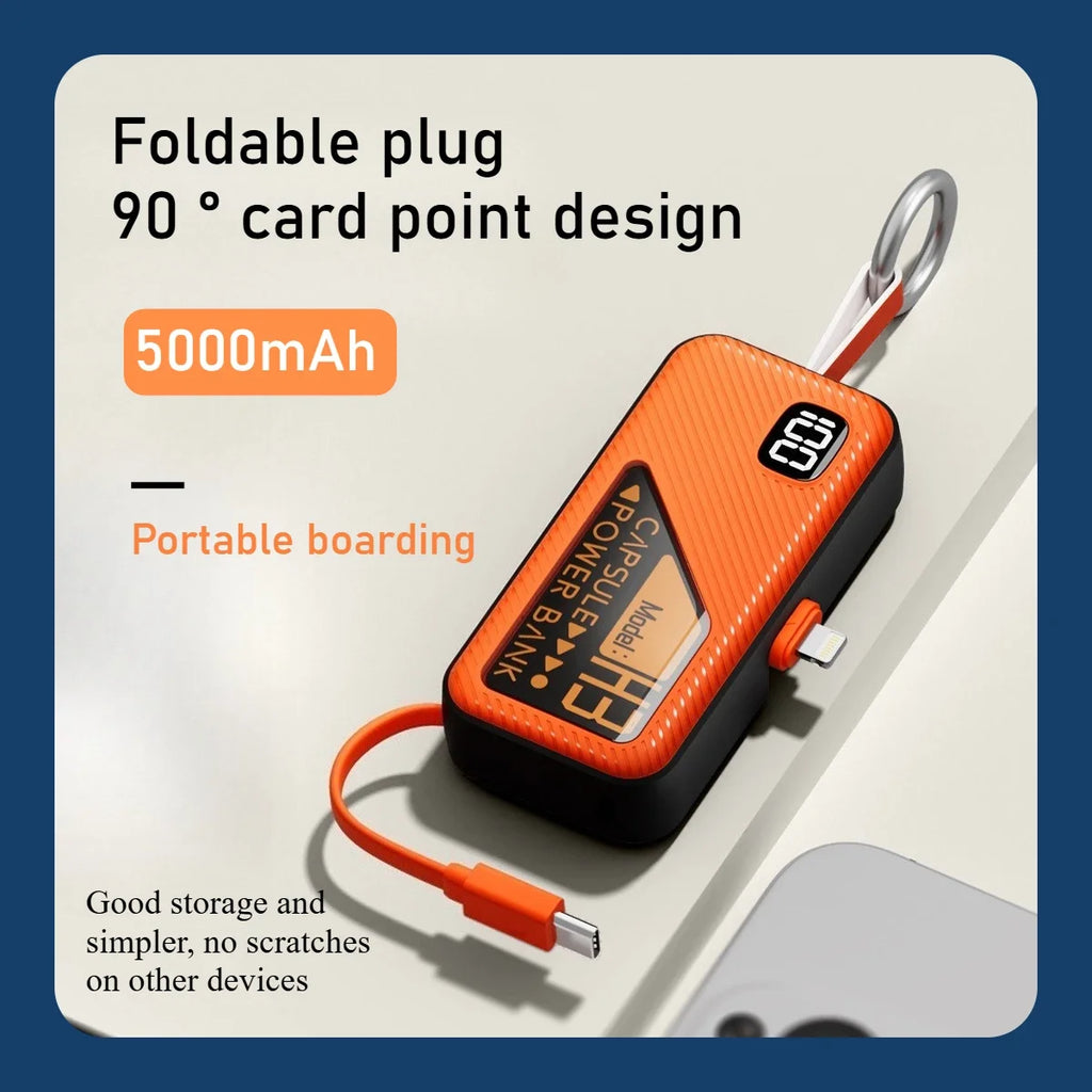 Mini Portable Power Bank 5000mAh – PD20W Fast Charge with Built-in Cable