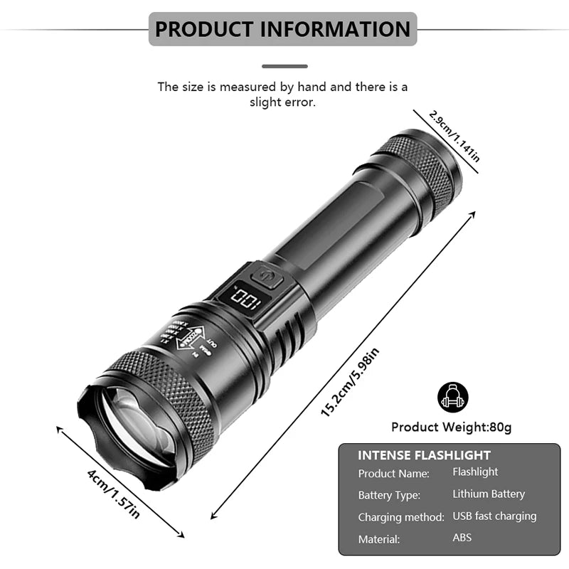 2000LM USB-C Rechargeable LED Flashlight – Zoomable Long Range Tactical Torch
