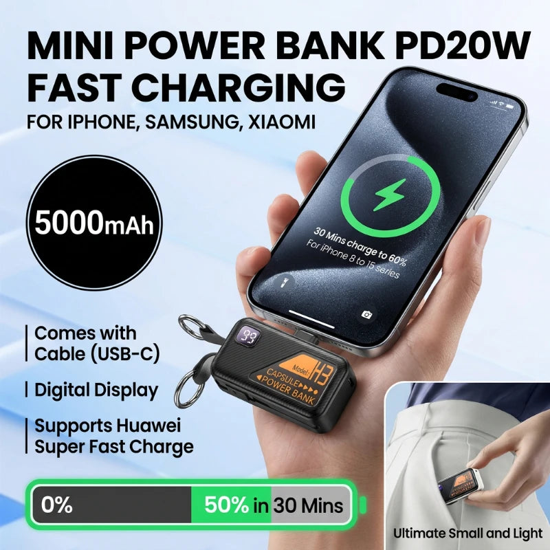 Mini Portable Power Bank 5000mAh – PD20W Fast Charge with Built-in Cable
