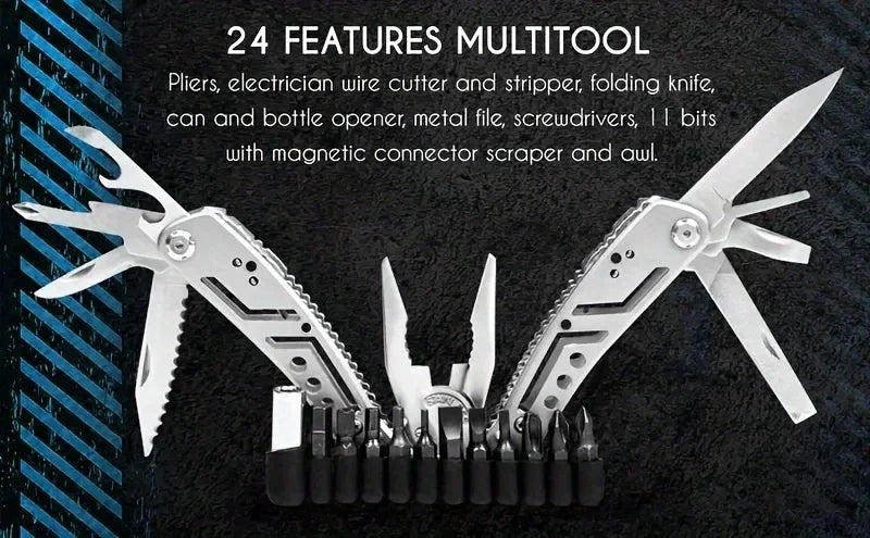 24-in-1 Multitool – Pliers, Knife & 11 Bits for Camping, Backpacking & Survival