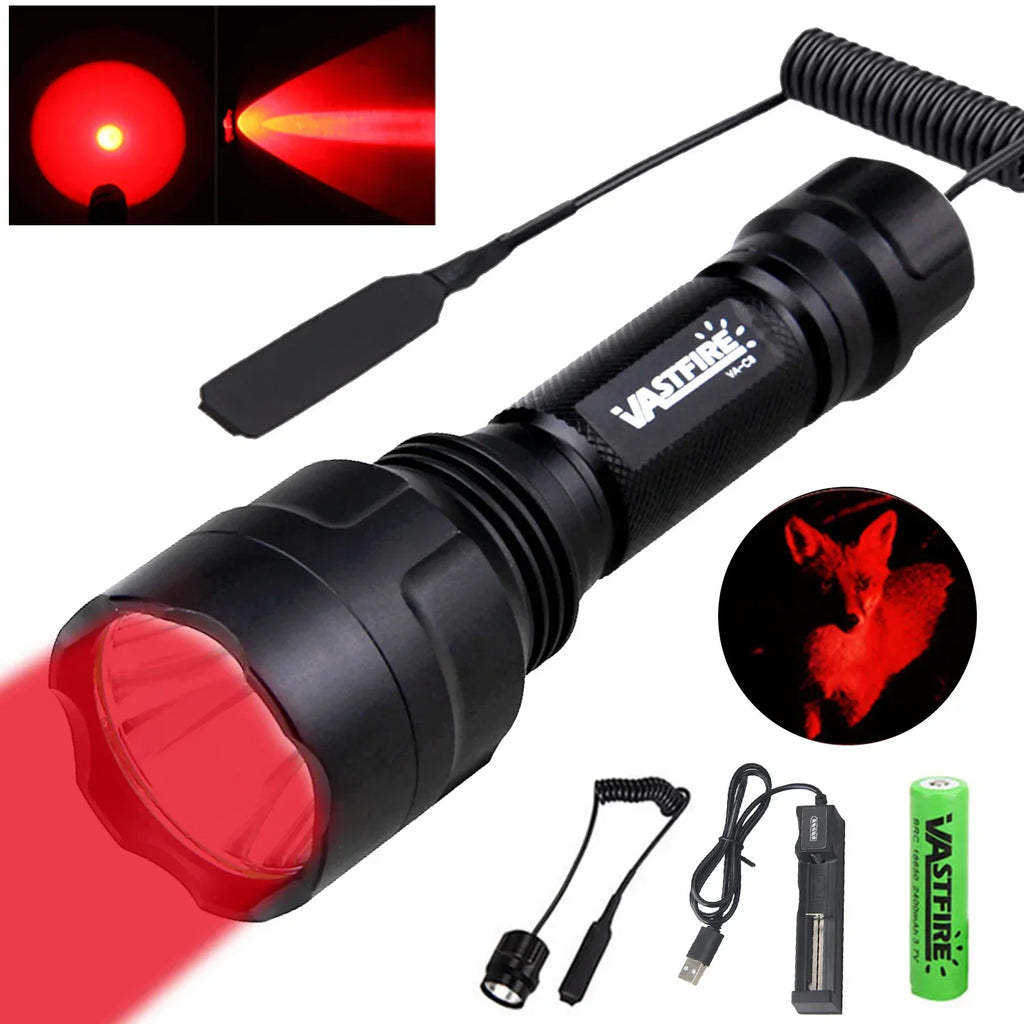 Tactical Hunting Flashlight Set – Green, Red & White LED, USB Rechargeable