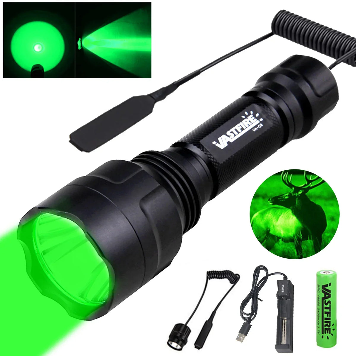 Tactical Hunting Flashlight Set – Green, Red & White LED, USB Rechargeable