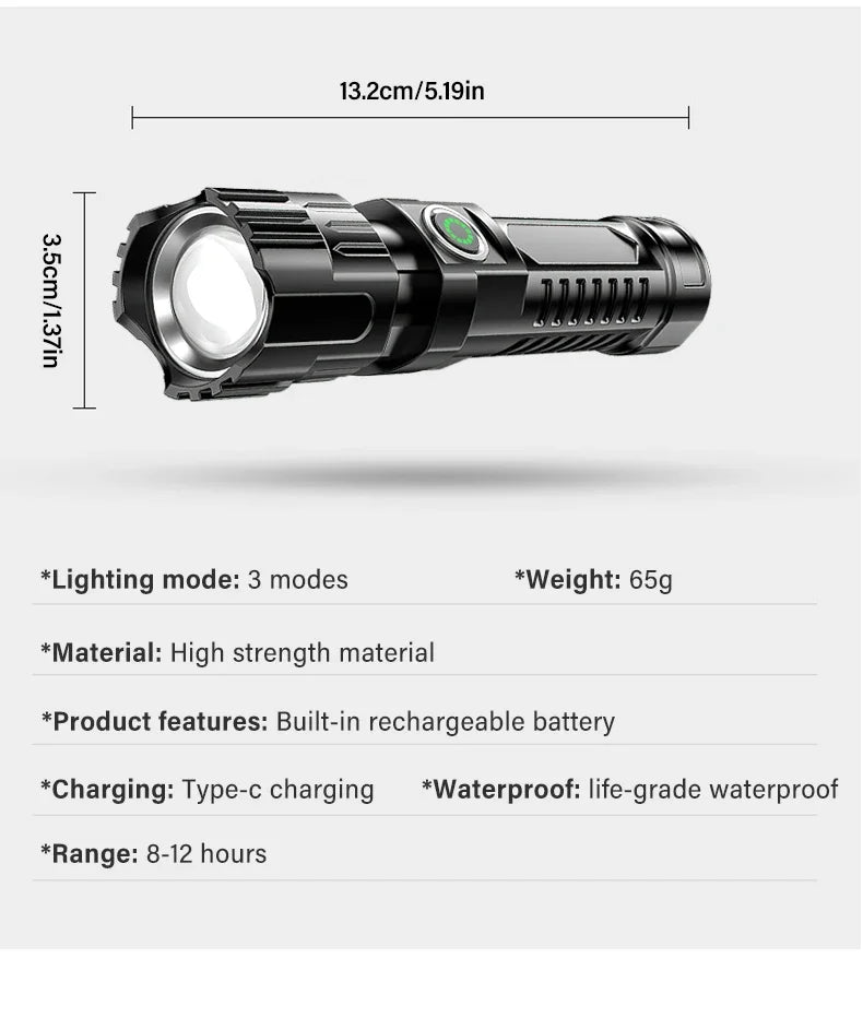 Tactical Zoom Flashlight | 2000LM USB Rechargeable Portable Emergency Light